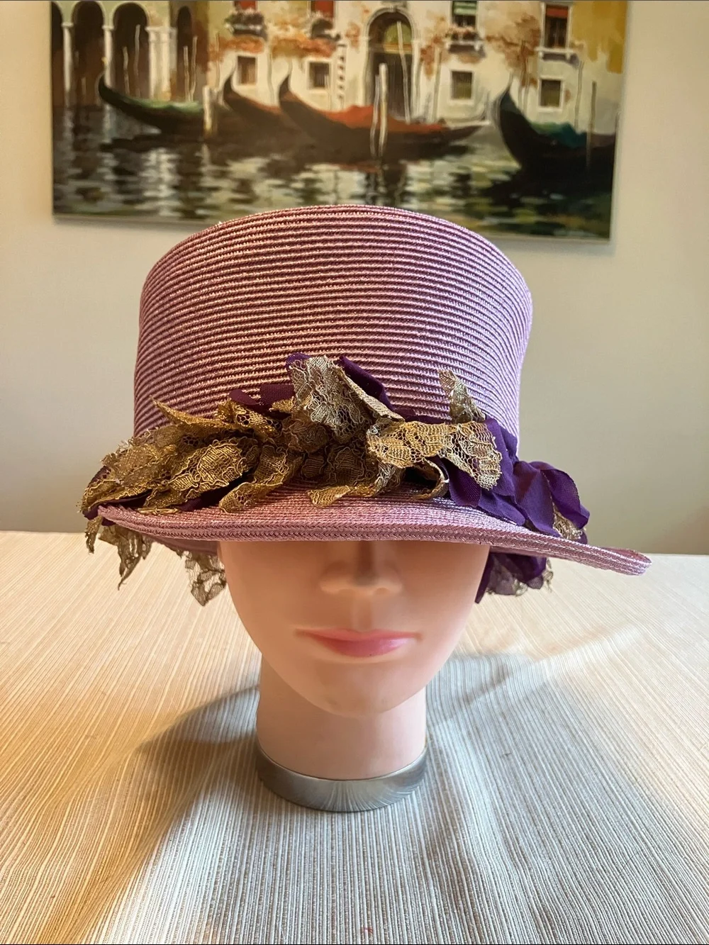 Elegant Metallic Pink Top Hat with Tan and Purple Lace Trim